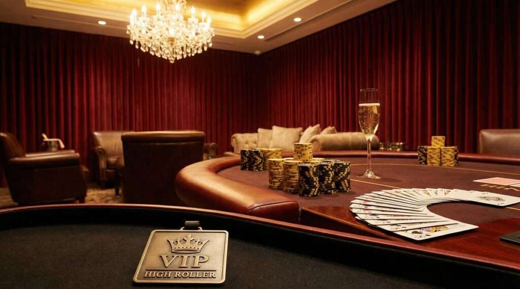Best Non-UK Casinos Not on GamStop for UK Players 1 VIP high roller casino room with crystal chandelier and premium poker table