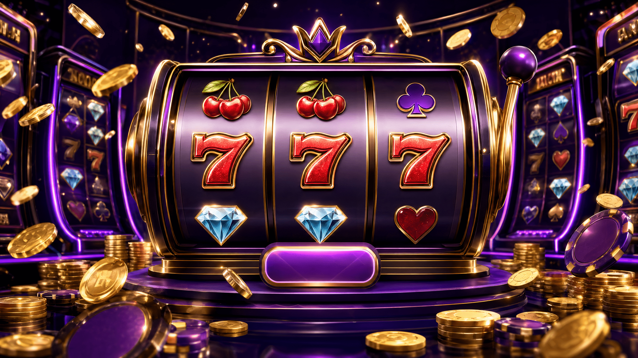 Non-UK casino slot machine with 777 jackpot, gold coins and purple neon lights