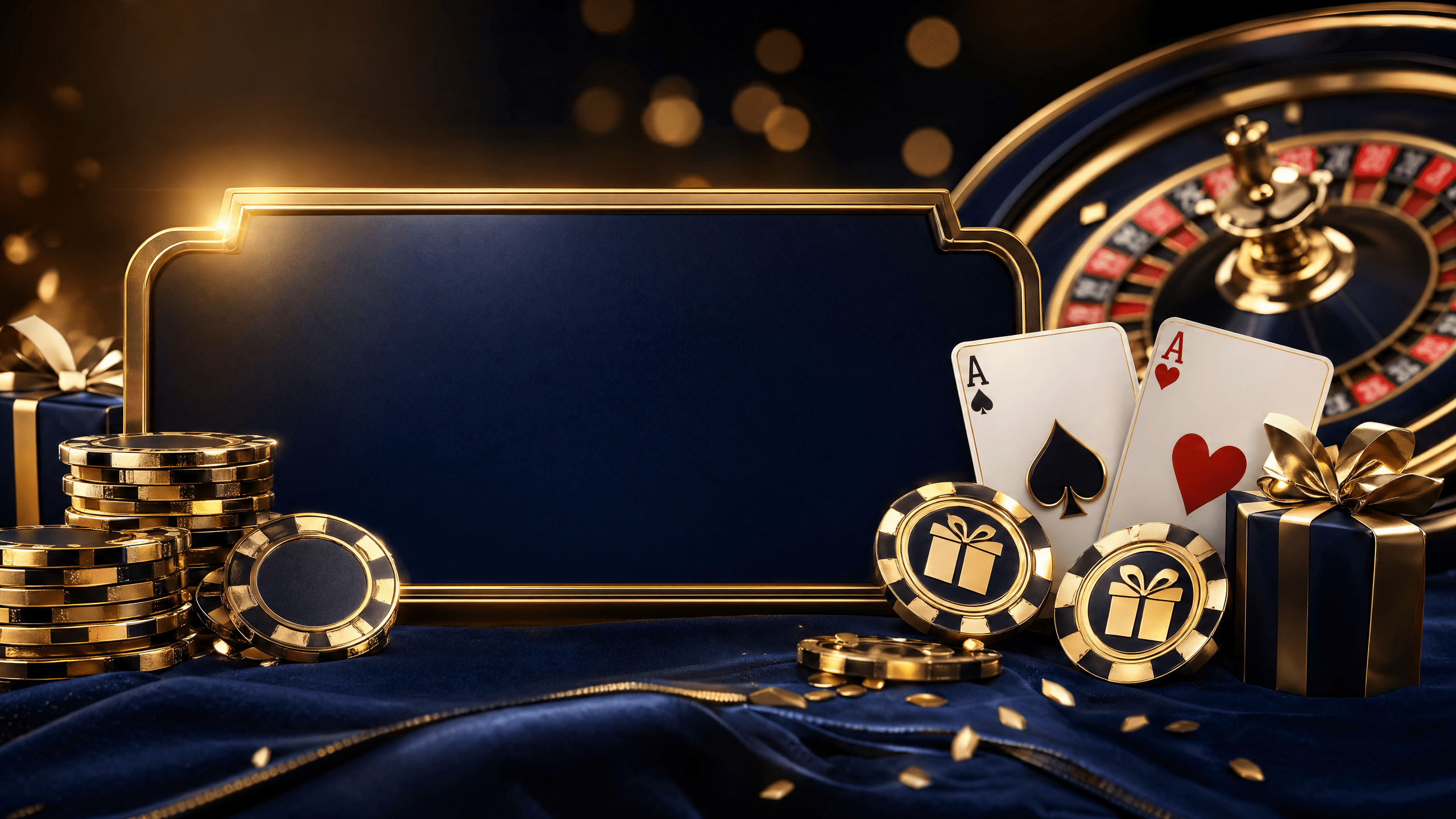 Non-UK casino welcome bonus with gold chips, playing cards and roulette wheel