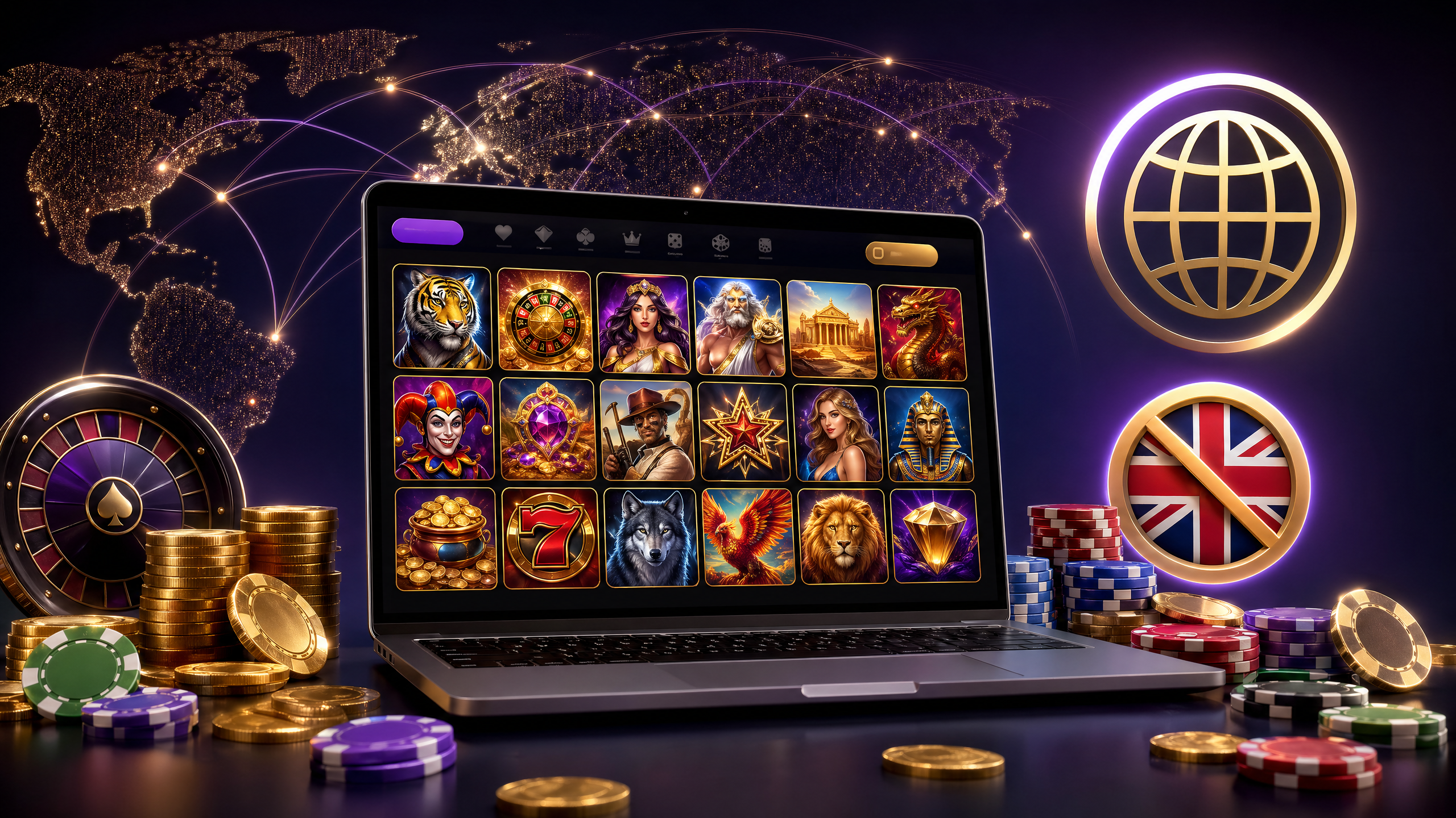 International non-UK online casino lobby with slot games, world map and casino chips