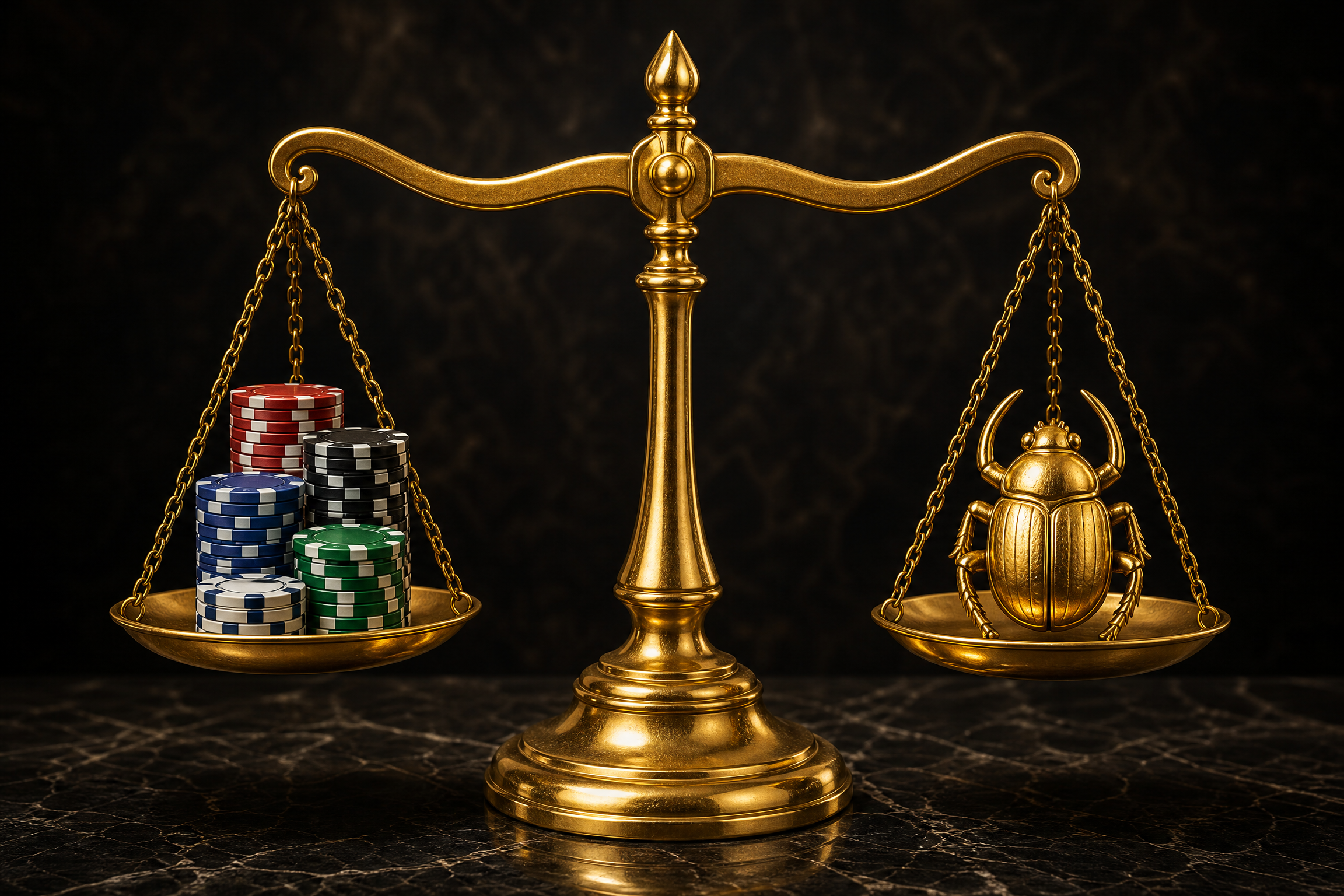 Book of Dead Not on Gamstop: Play'n GO Classic Guide 2026 17 Golden scale balancing casino chips and a scarab beetle